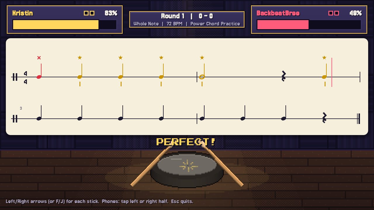 A ranked match: two lines of drum notation with each hit graded